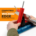 Knife sharpening handles with 150mm x 20mm stones, compatible with Wicked Edge System, heavy-duty design, demonstrated in use.